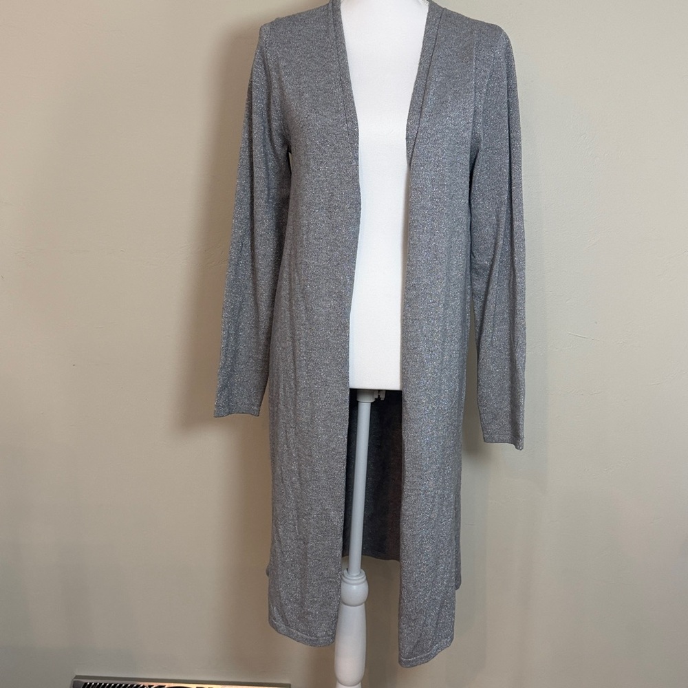Tahari Women's Large Silver Shimmer Long Open Front Sweater Cardigan